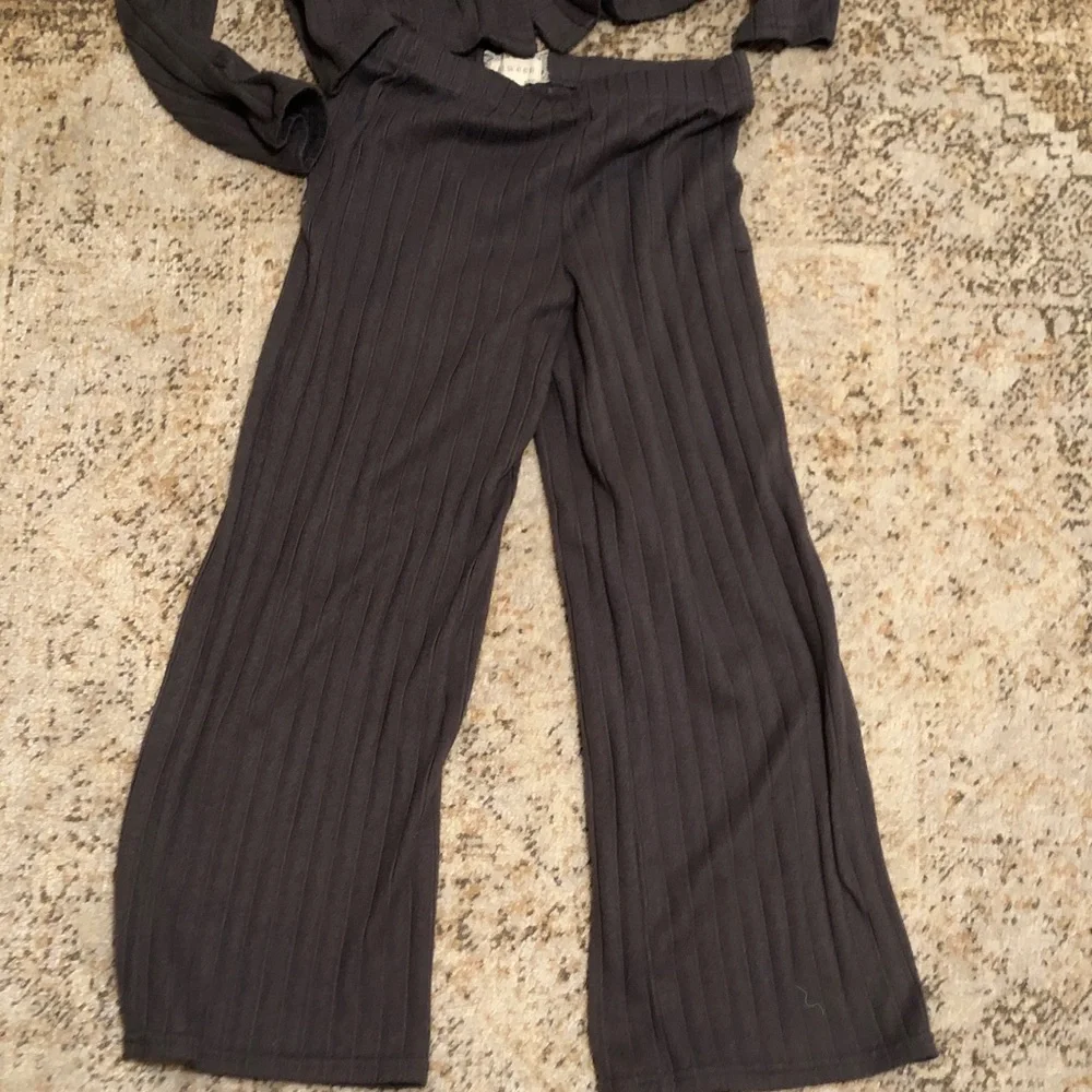 btween  Girls Ribbed Wide-Leg Pant and Button Cardigan Set - Charcoal